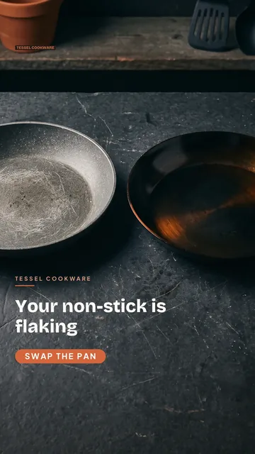 Tessel Cookware ad for TikTok In-feed (9:16), negative framing: "Your non-stick is flaking", call to action "Swap the pan"