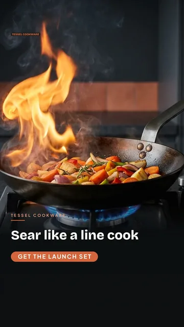 Tessel Cookware ad for TikTok In-feed (9:16), positive framing: "Sear like a line cook", call to action "Get the launch set"