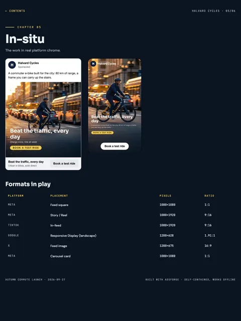 Halvard Cycles client book, chapter in-situ: The work in real platform chrome. Rendered page of the real bundle.