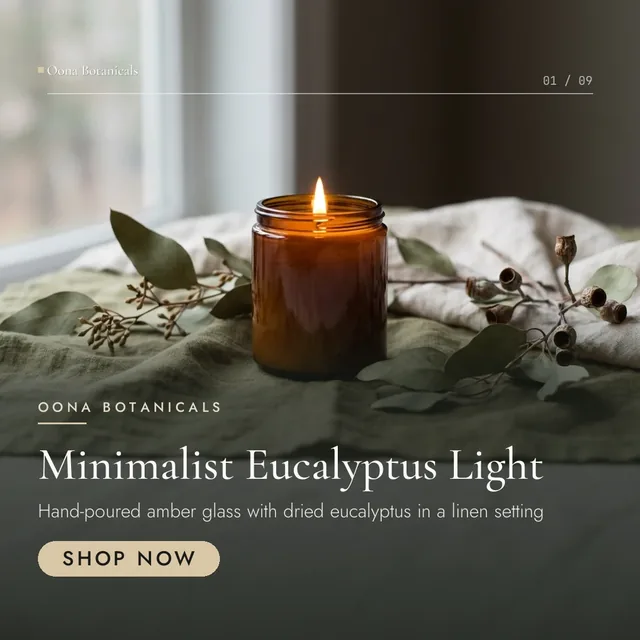 Oona Botanicals social kit plate plate-01, Meta Feed square (1:1), Photo report style: "Minimalist Eucalyptus Light"