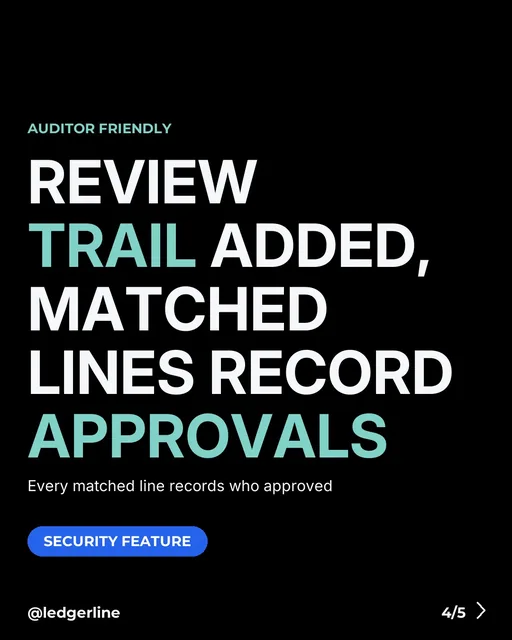 Ledgerline news carousel card 4 of 5 (4:5), type card: "REVIEW TRAIL ADDED, MATCHED LINES RECORD APPROVALS"